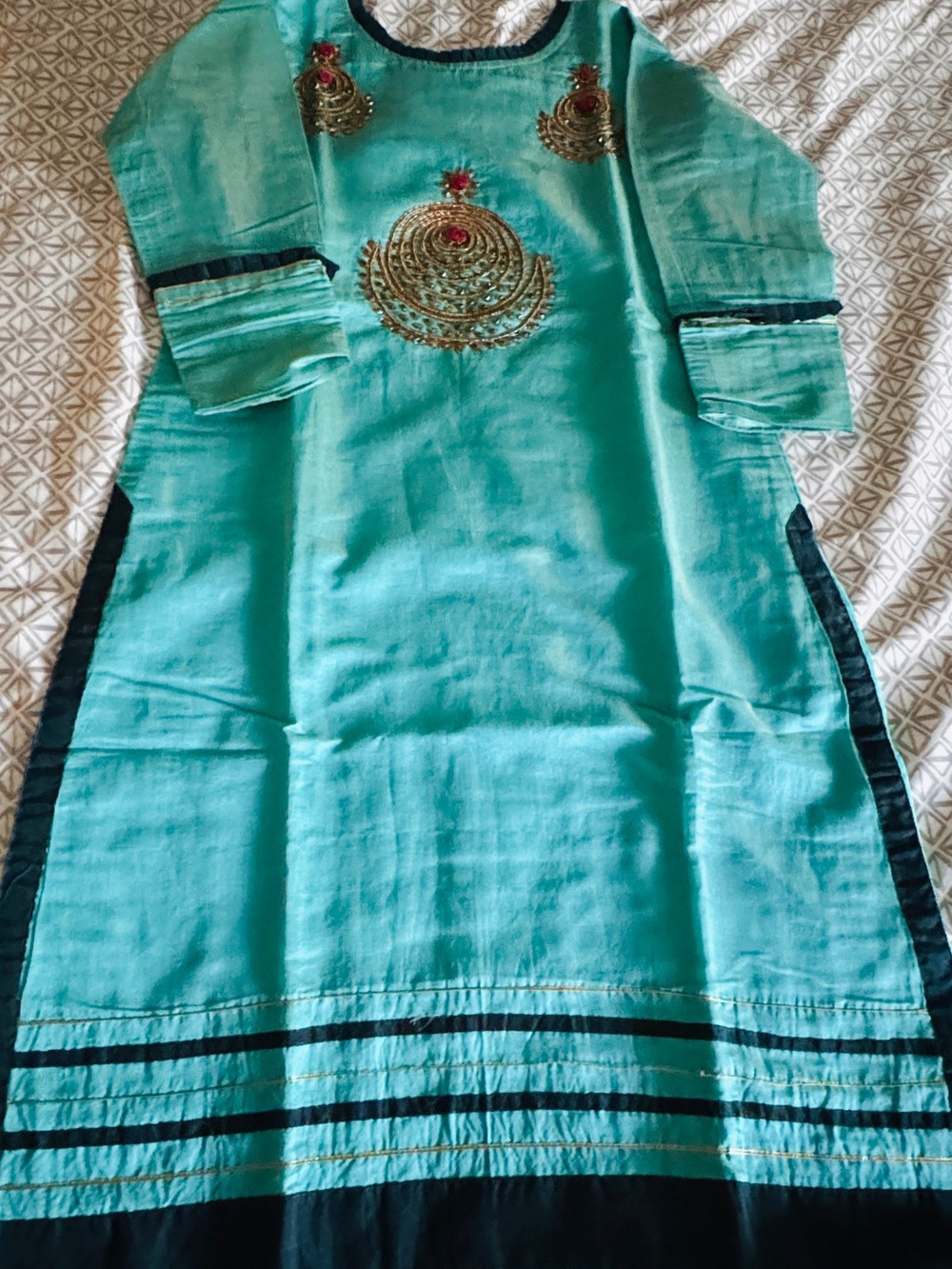 Girls Teal Embroidered Kurta Dress